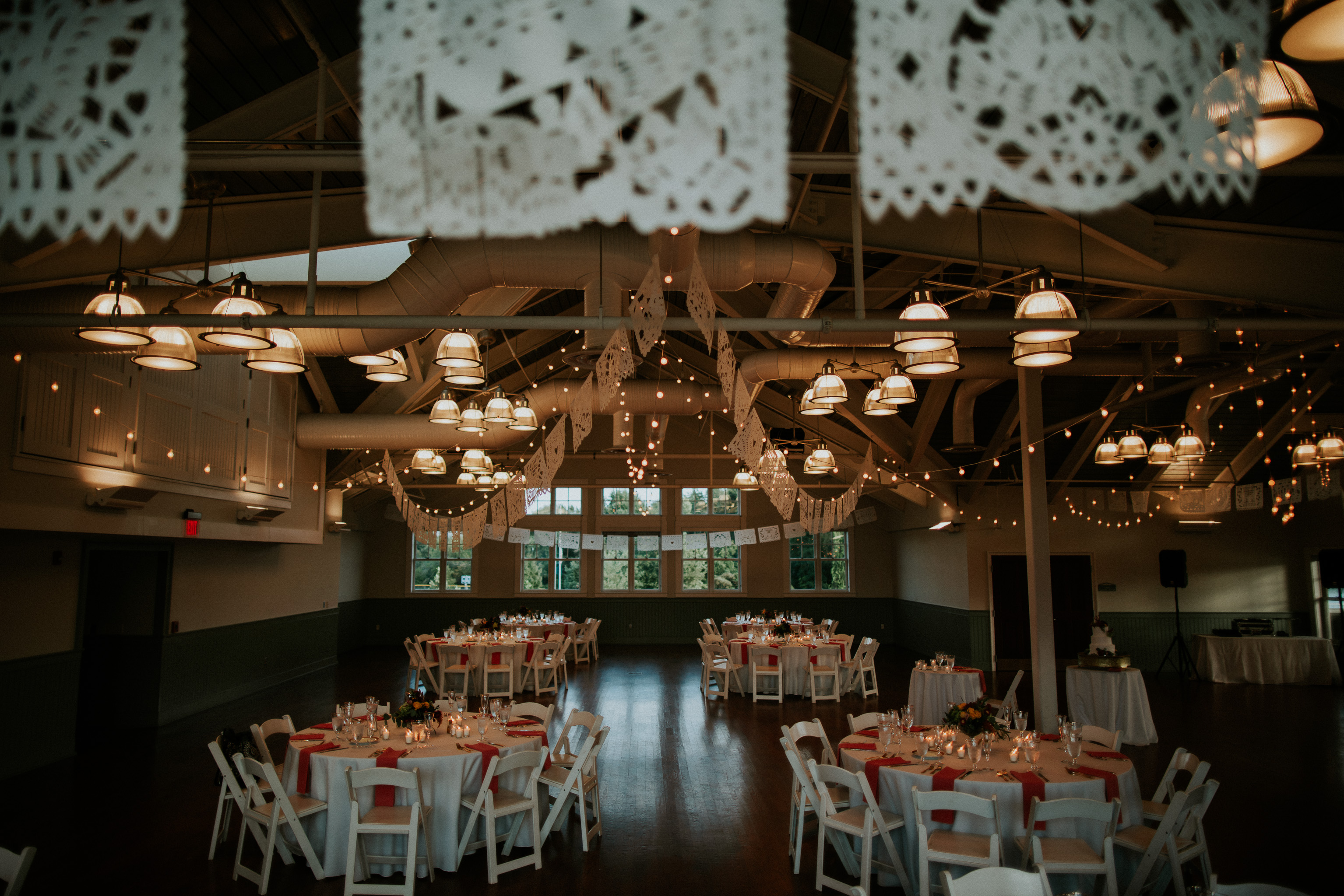 banquet hall w lace banner and empty room - best | Glastonbury Boathouse